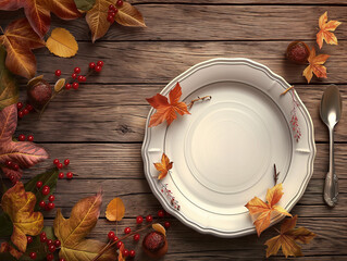 Table decorated autumn style, plate and cutlery, space for text