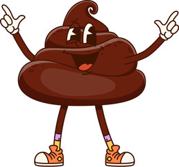 Cartoon groovy poop character, funny poo excrement personage, happy toilet shit emoticon striking a funky pose with arms raised and a cheerful smile. Vector playful poop exudes, fun and playful vibe