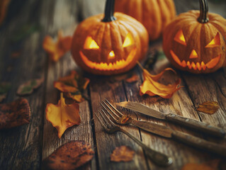 Table decorated autumn style, plate and cutlery, space for text