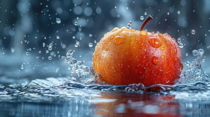 Red yellow and orange apple splash falling into water, fresh juice drop explosion with fruit, healthy and delicious natural beverage.