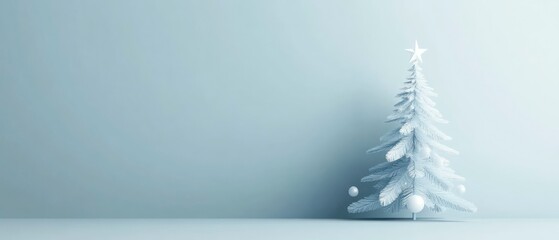 A sleek, minimalistic corporate Christmas banner in soft light blue tones, featuring simple tree and star motifs, leaving ample copy space for a modern touch.