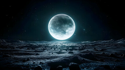 Canvas Print - A luminous full moon over a rocky lunar landscape at night.