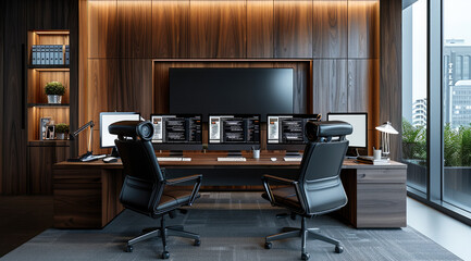 Poster - A sleek, modern office room with a dark wooden wall as the backdrop, creating a refined and professional atmosphere. A large desk made of glass or polished metal holds multiple computer monitors.