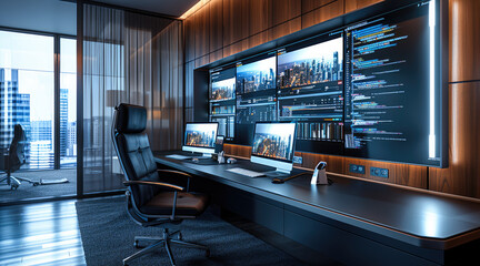 Poster - A sleek, modern office room with a dark wooden wall as the backdrop, creating a refined and professional atmosphere. A large desk made of glass or polished metal holds multiple computer monitors.