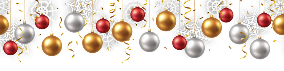 Wall Mural - vector christmas decoration seamless pattern design with gold, silver and red baubles, snowflakes an