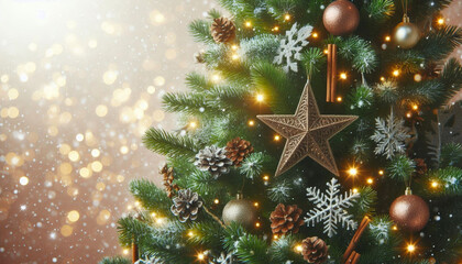 Wall Mural - Christmas Tree With ball, snowflake, star, Baubles And Blurred bokeh Shiny Lights