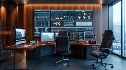 Poster - A sleek, modern office room with a dark wooden wall as the backdrop, creating a refined and professional atmosphere. A large desk made of glass or polished metal holds multiple computer monitors.