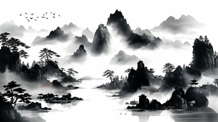 Sticker - Serene black-and-white landscape with mountains and mist.