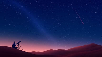 a stargazer observes the night sky with a telescope as a meteor shoots across the clear desert horiz