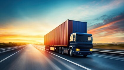 Container truck driving on highway at sunset with blue sky in the background