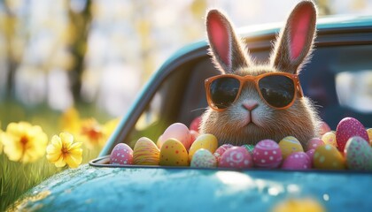 Cute Easter bunny in sunglasses enjoys a car filled with colorful eggs in spring