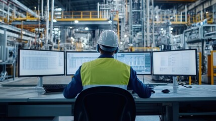 Industrial Engineer at Control Desk with Multiple Monitors