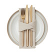 © aironamad - Elegant Table Setting with Gold Cutlery Wrapped in a Soft Napkin on a Plate