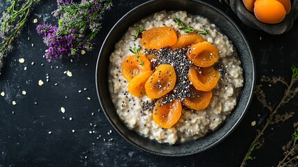 A gourmet bowl of oatmeal topped with dried apricots and chia seeds, placed on a dark charcoal background with artistic floral flourishes