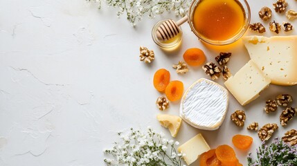 A gourmet cheese platter featuring dried apricots, honey, and walnuts, placed on a light gray background with artistic floral elements