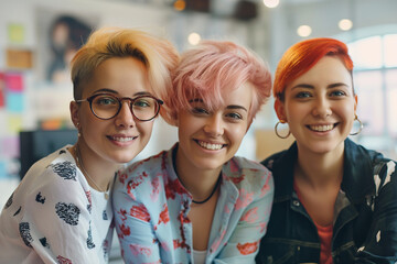 Group of young fashionable dyed hair people in modern office. Happy lifestyle, friends concept