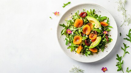 A vibrant salad with dried apricots, avocado, and arugula, placed on a clean white background with delicate floral decorative elements