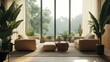 © samrit - Bright and airy minimalist living room with stylish furnishings, indoor plants, and a scenic view from a large window, perfect for interior design