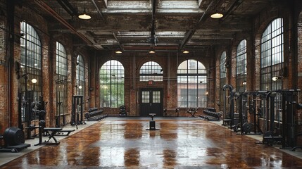  Step into a vintage gym filled with character where chalk stained floors and exposed pipes create an industrial backdrop for serious workouts focused on free weights.