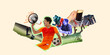 © master1305 - Emotional soccer player in orange uniform shouting in megaphone while team watching match with focus. Contemporary art collage. Concept of sport, game, supporters, event, tournament