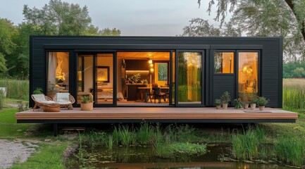 Wall Mural - Modern black cabin on stilts surrounded by lush greenery at sunset near a peaceful water body