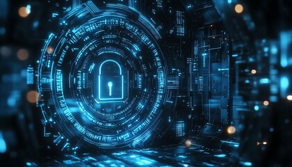 Poster - Advanced digital padlock featuring bright blue circuits, set against a dark backdrop, binary code symbolizing cybersecurity and data integrity