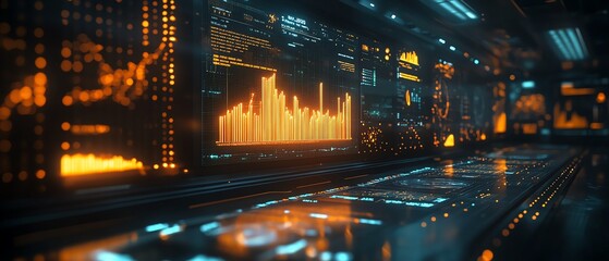Fototapete - Advanced financial dashboard featuring floating holographic charts and graphs, glowing data streams against a dark space background, global economics visualization