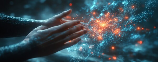 Fototapete - Data visualization in a hightech environment, with hands controlling a holographic interface, glowing nodes representing advanced AI and machine learning