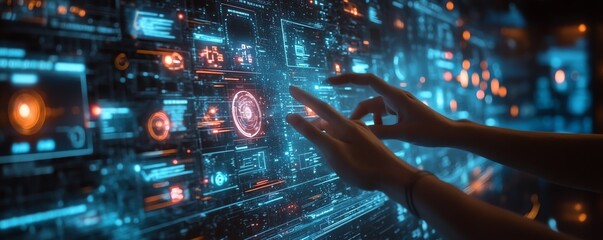 Fototapete - Data visualization in a hightech environment, with hands controlling a holographic interface, glowing nodes representing advanced AI and machine learning