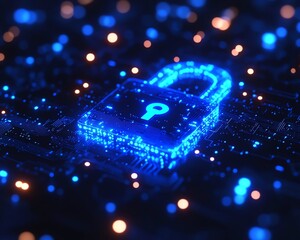 Aufkleber - Digital padlock with glowing blue circuits, surrounded by a dark background and binary code, representing secure data protection in a hightech world
