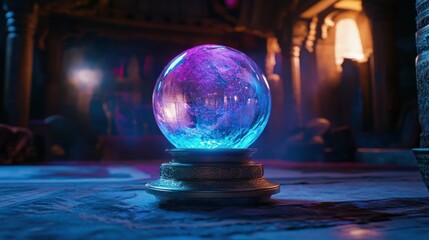 Glowing crystal ball casting an ethereal light in a dark room, filled with mystical energy and enchantment, perfect for divination scenes