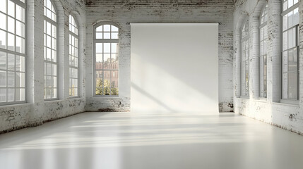 Poster - Bright, minimalist space with large windows and a blank backdrop.