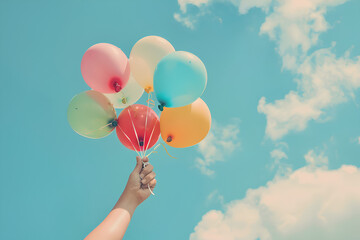 Colorful balloons flying in the sky, a hand holding the balloon string, pastel colors, summertime, a happy and joyful mood, vintage style, pastel colours