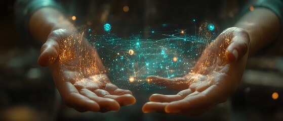 Fototapete - Futuristic data visualization with hands manipulating a holographic interface, glowing nodes representing AI and machine learning in a sleek hightech environment