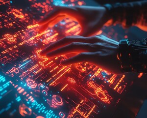 Leinwandbilder - Futuristic data visualization environment featuring hands engaging with a holographic interface, glowing nodes representing machine learning and AI technology