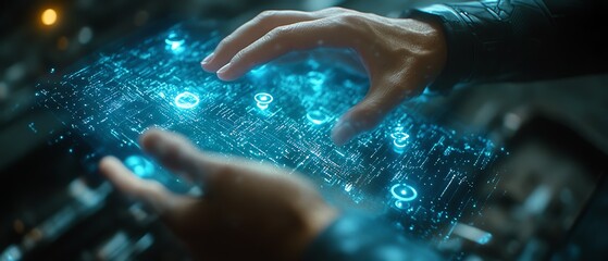 Fototapete - Futuristic data visualization with hands manipulating a holographic interface, glowing nodes representing AI and machine learning in a sleek hightech environment