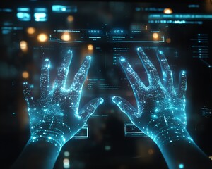 Leinwandbilder - Futuristic data visualization environment featuring hands engaging with a holographic interface, glowing nodes representing machine learning and AI technology