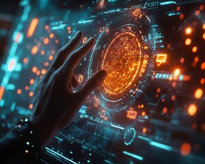 Leinwandbilder - Futuristic data visualization environment featuring hands engaging with a holographic interface, glowing nodes representing machine learning and AI technology