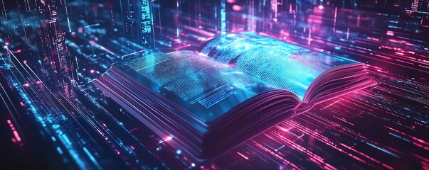 Fototapete - Futuristic digital interface displaying holographic book projections, AI tutor avatar, and sleek abstract data visualizations for an innovative learning experience