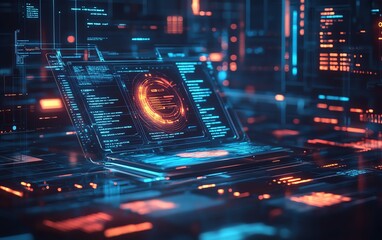 Fototapete - Futuristic digital learning interface featuring holographic book projections, AI tutor avatar, and abstract data visualizations in a sleek minimalist design