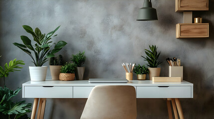 Canvas Print - Modern workspace with plants, a desk, and organized supplies.