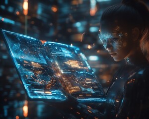 Fototapete - Futuristic digital learning platform featuring holographic books, an AI tutor avatar, and stylish abstract data visualizations in a sleek design
