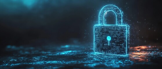 Aufkleber - Futuristic digital padlock with glowing blue circuits against a dark background, binary code overlay representing cybersecurity and data protection