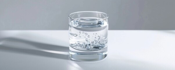 Crystal clear glass of water, white background, 4K hyperrealistic photo