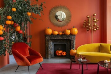 A living room with a yellow couch and two yellow chairs. The room has a fireplace and a mirror.