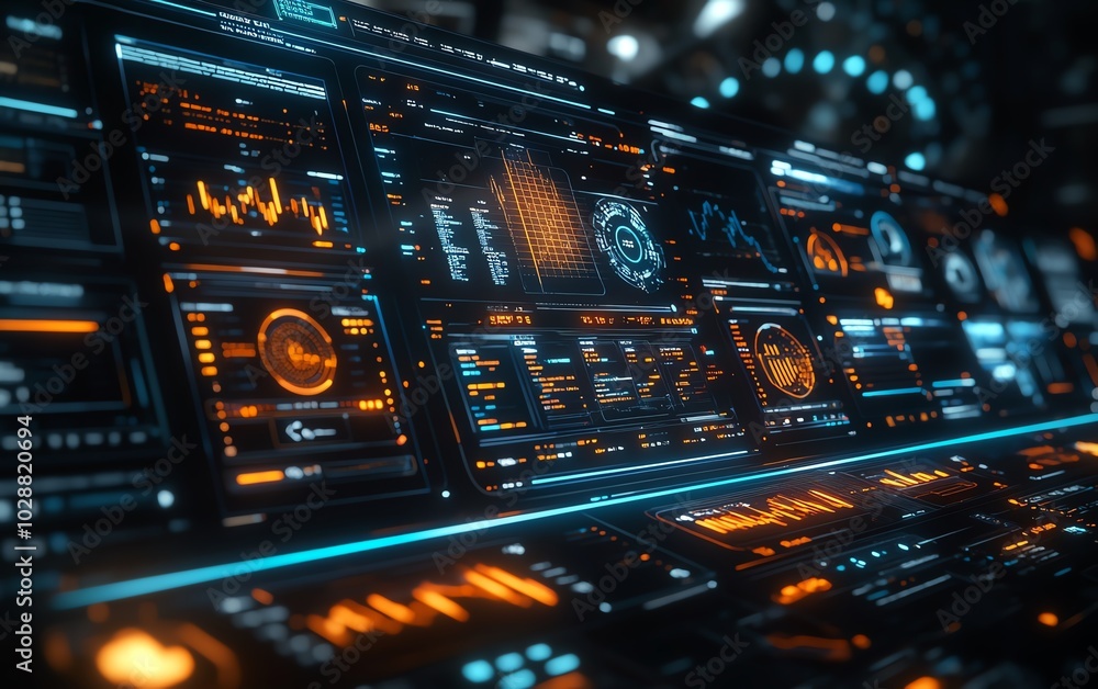 Futuristic financial dashboard with holographic 3D charts and graphs ...