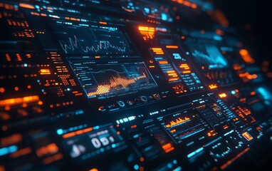 Fototapete - Futuristic financial dashboard with holographic 3D charts and graphs floating in dark space, glowing data streams and market indicators, hightech visualization of global economics