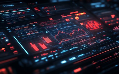 Fototapete - Futuristic financial dashboard with holographic 3D charts and graphs floating in dark space, glowing data streams and market indicators, hightech visualization of global economics