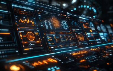 Fototapete - Futuristic financial dashboard with holographic 3D charts and graphs floating in dark space, glowing data streams and market indicators, hightech visualization of global economics