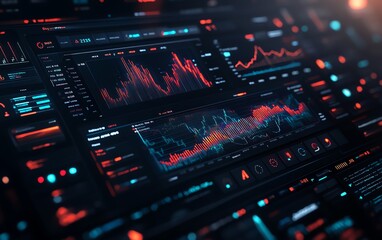 Fototapete - Futuristic financial dashboard showcasing holographic graphs and charts, glowing data streams in dark space, hightech representation of market analytics